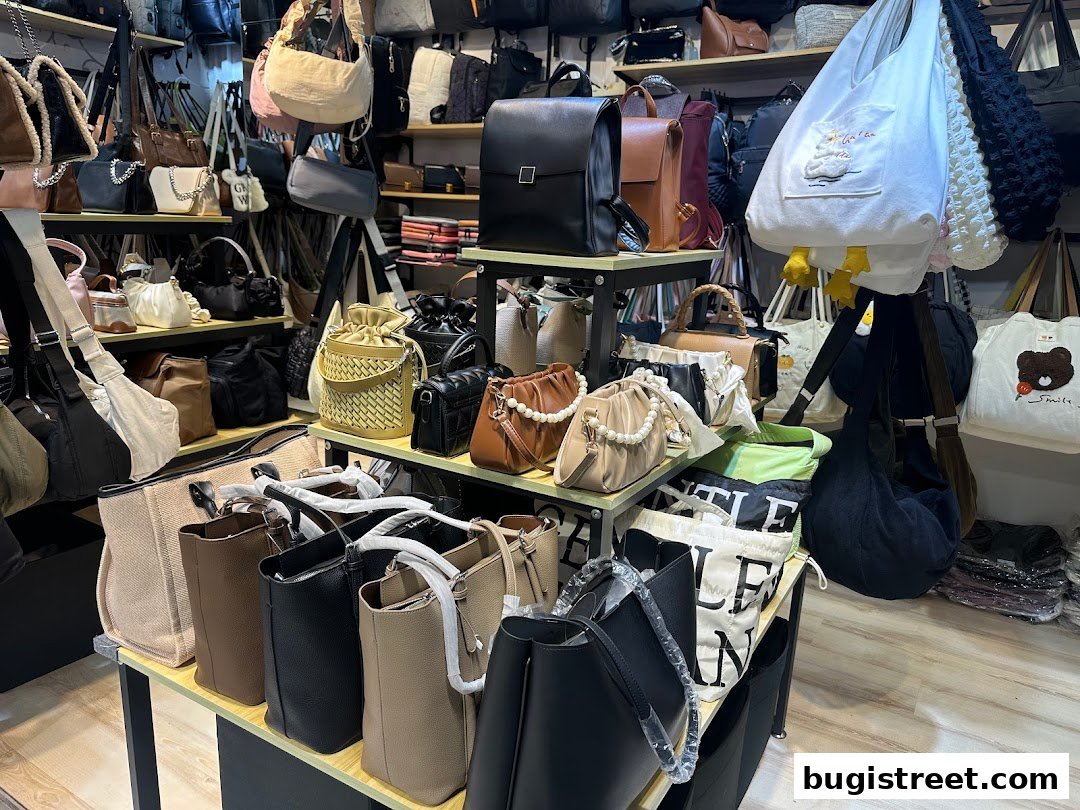 A wide selection of stylish handbags and totes displayed on shelves and racks.