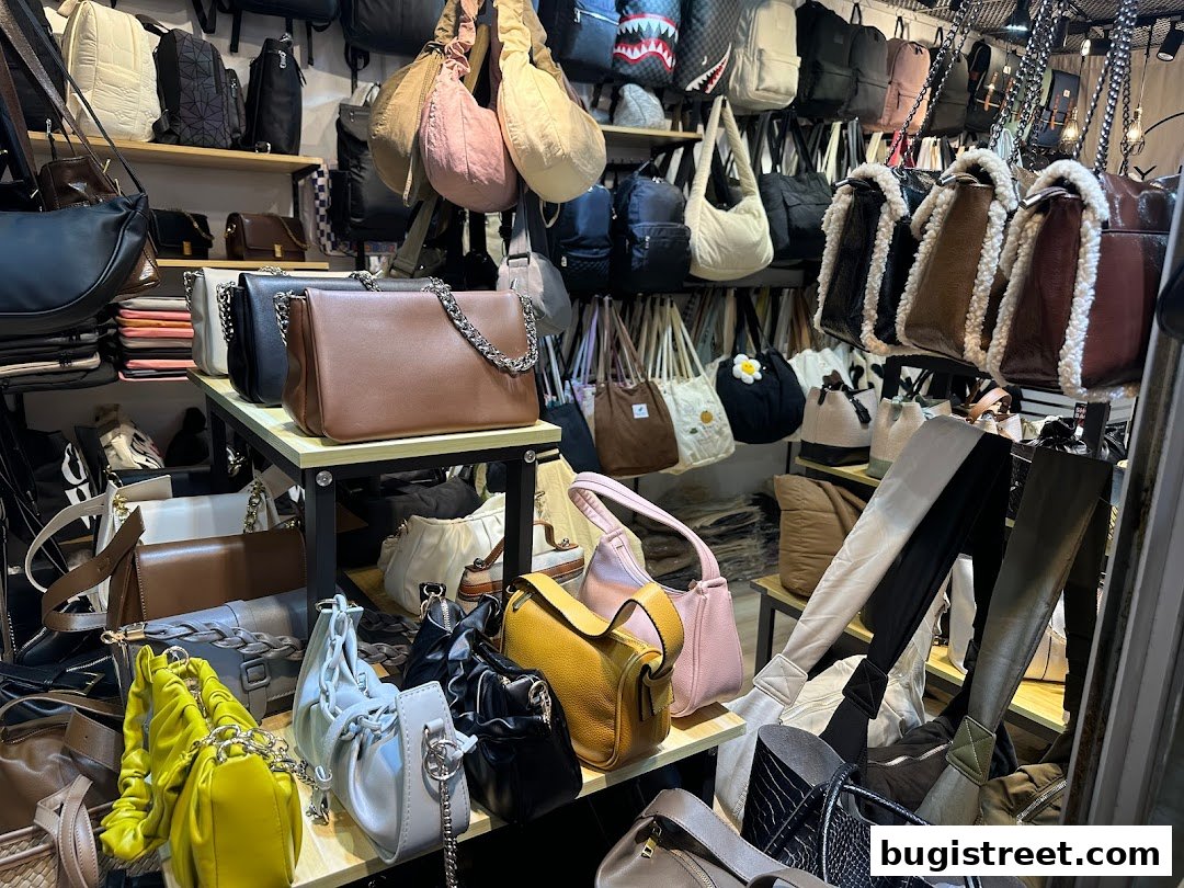 A wide selection of stylish handbags and backpacks are displayed in a retail store.