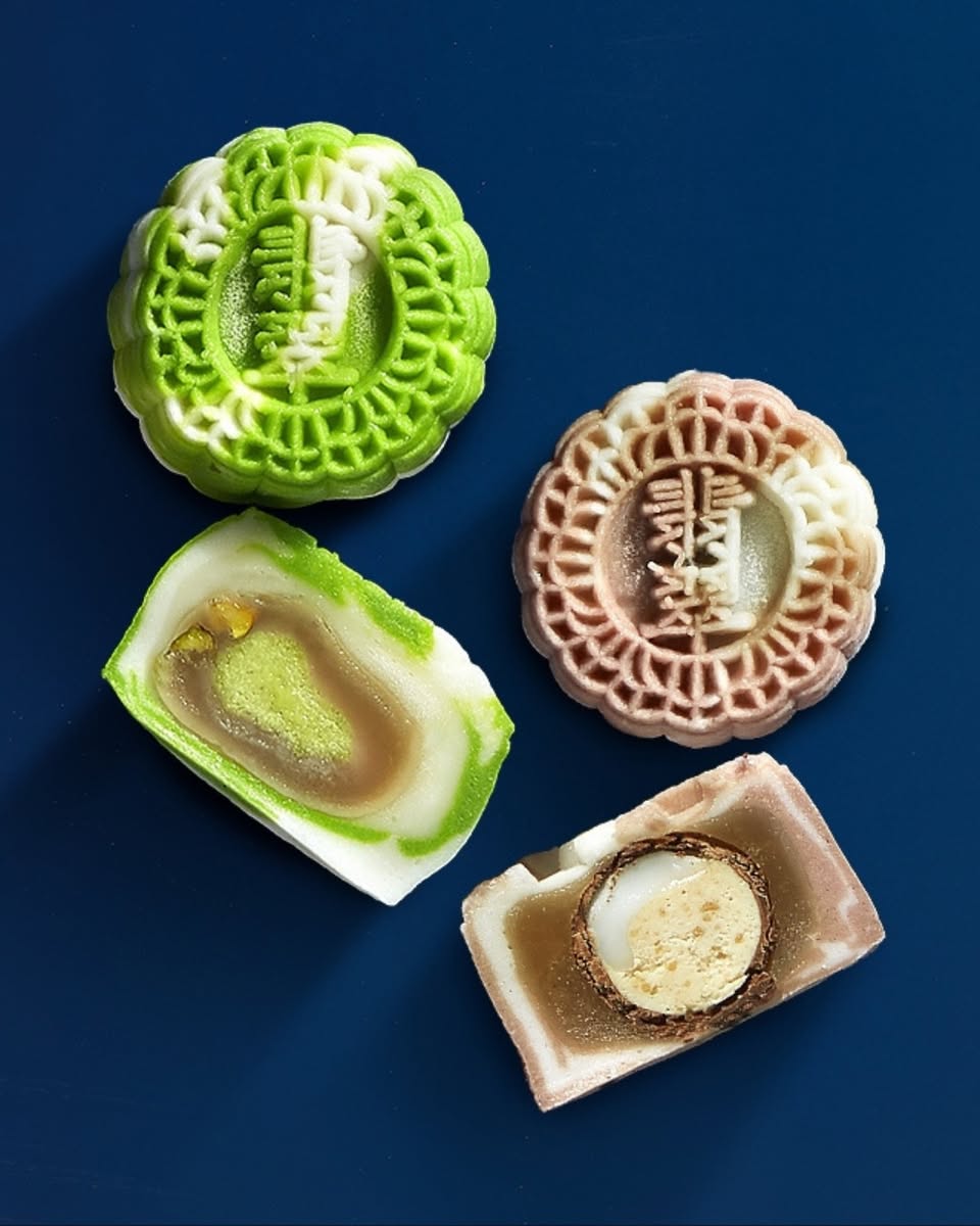 A variety of unique mooncakes, showcasing different textures and colors.